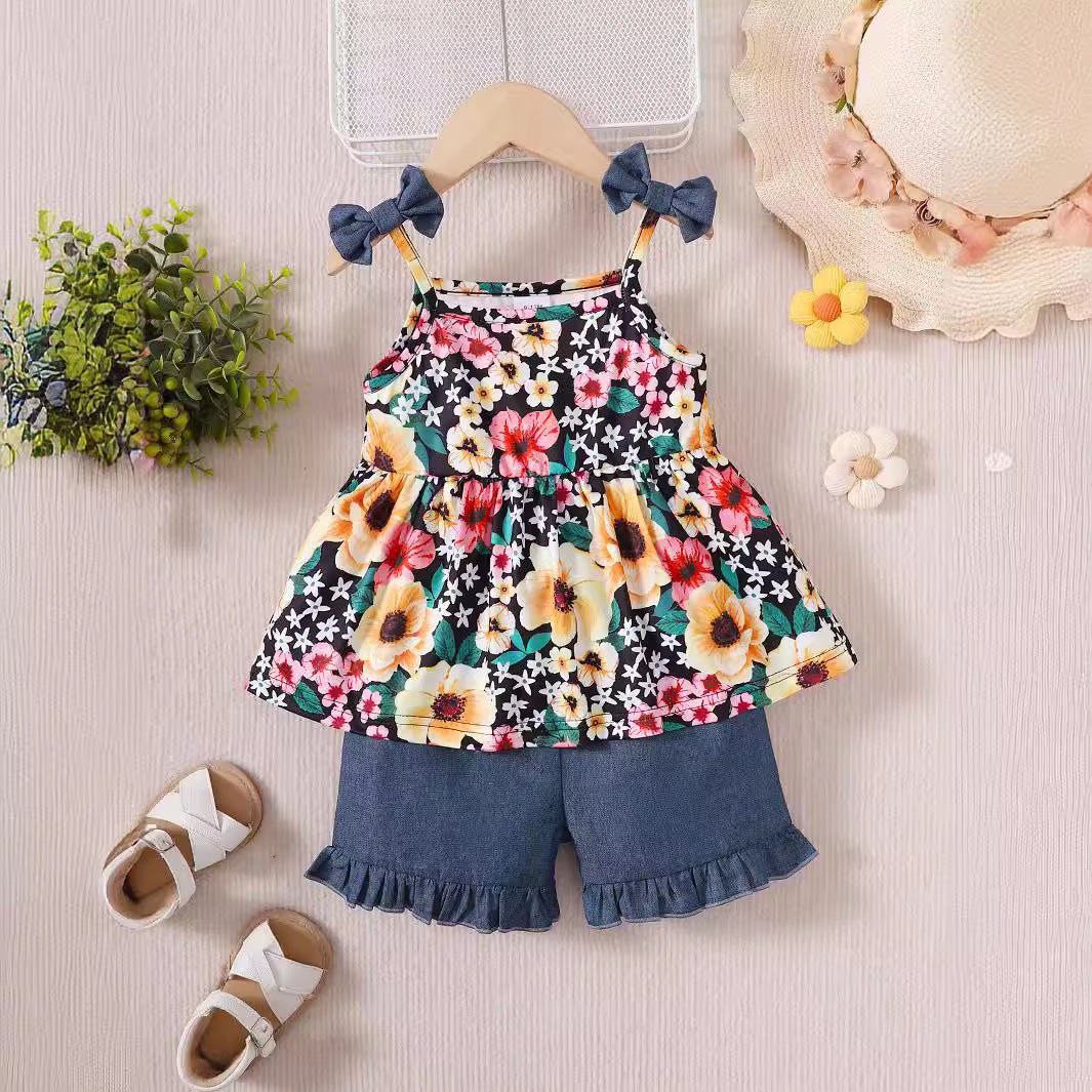 2 Pieces Set Baby Kid Girls Flower Tank Tops And Solid Color Shorts Wholesale 240701171