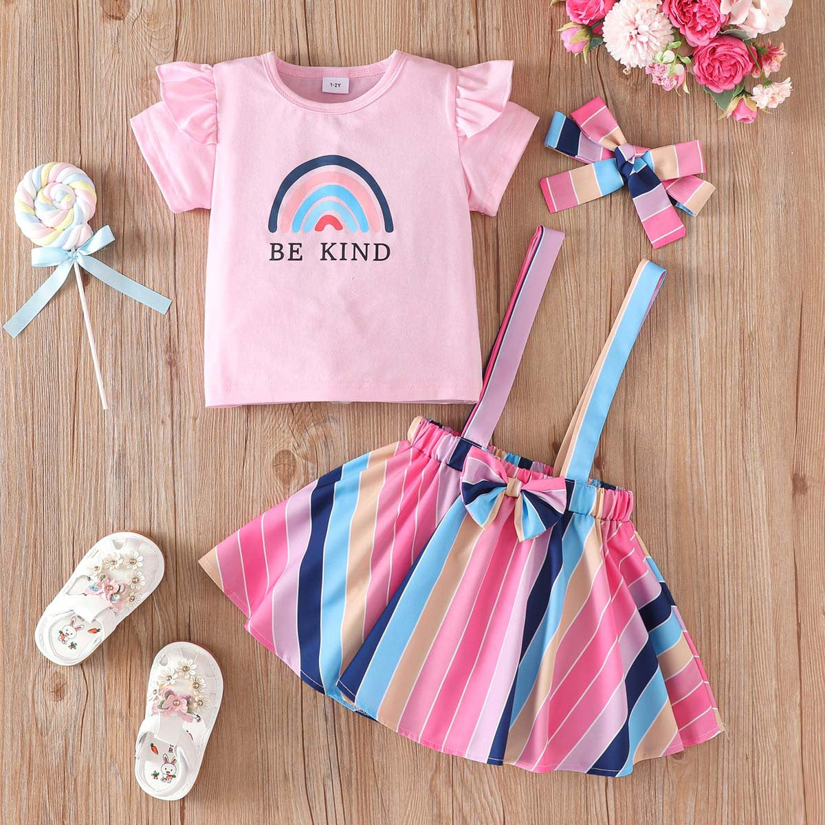 2 Pieces Set Baby Kid Girls Letters Rainbow Tops And Color-blocking Skirts Wholesale 24070143