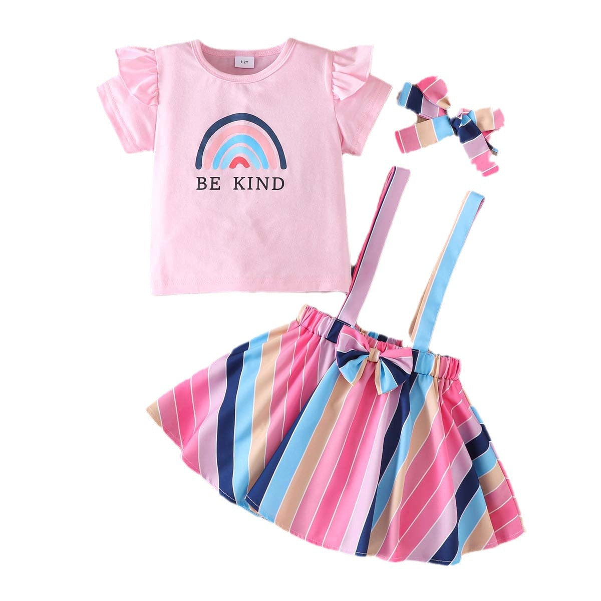 2 Pieces Set Baby Kid Girls Letters Rainbow Tops And Color-blocking Skirts Wholesale 24070143