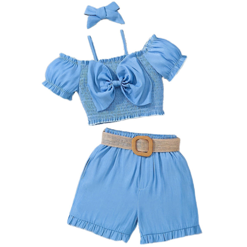 2 Pieces Set Kid Girls Bow Tank Tops And Solid Color Shorts Wholesale 24070173