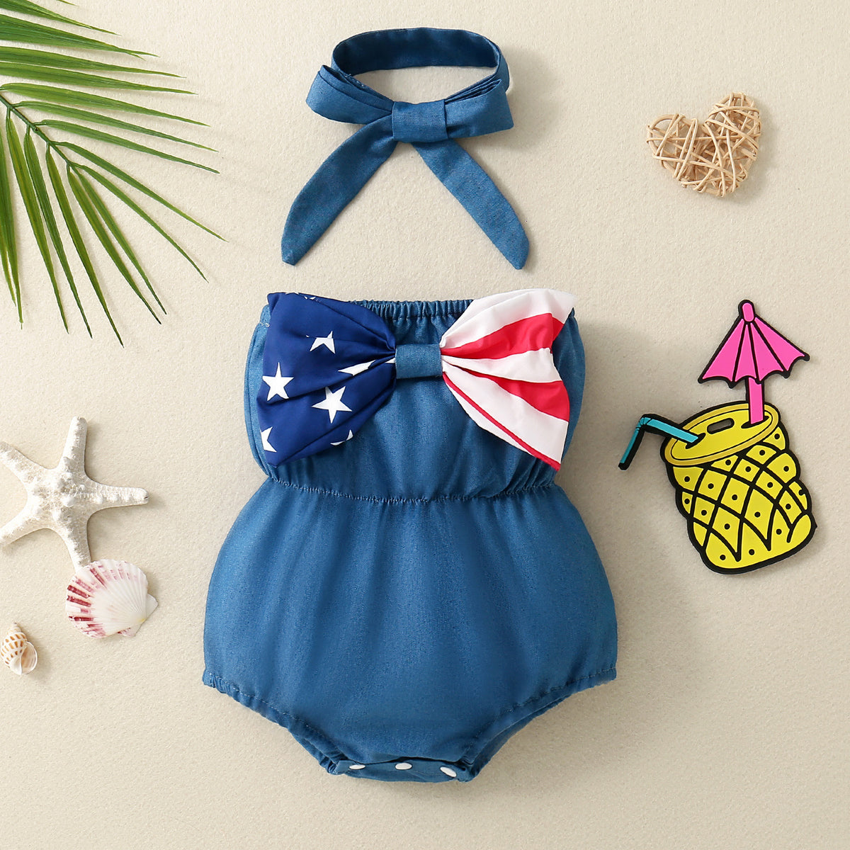 Baby Kid Girls Solid Color Bow Independence Day Rompers Wholesale 24070179