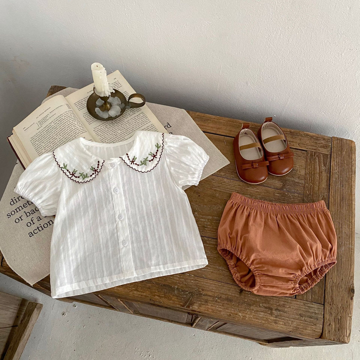 2 Pieces Set Baby Kid Girls Flower Embroidered Tops And Solid Color Shorts Wholesale 240802111