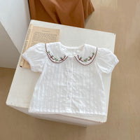 Load image into Gallery viewer, 2 Pieces Set Baby Kid Girls Flower Embroidered Tops And Solid Color Shorts Wholesale 240802111
