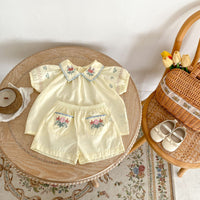 Load image into Gallery viewer, 2 Pieces Set Baby Kid Girls Flower Embroidered Tops And Shorts Wholesale 240802135
