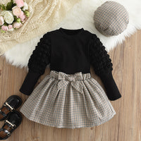 Load image into Gallery viewer, 3 Pieces Set Kid Girls Solid Color Tops Checked Skirts And Hats Wholesale 240802200
