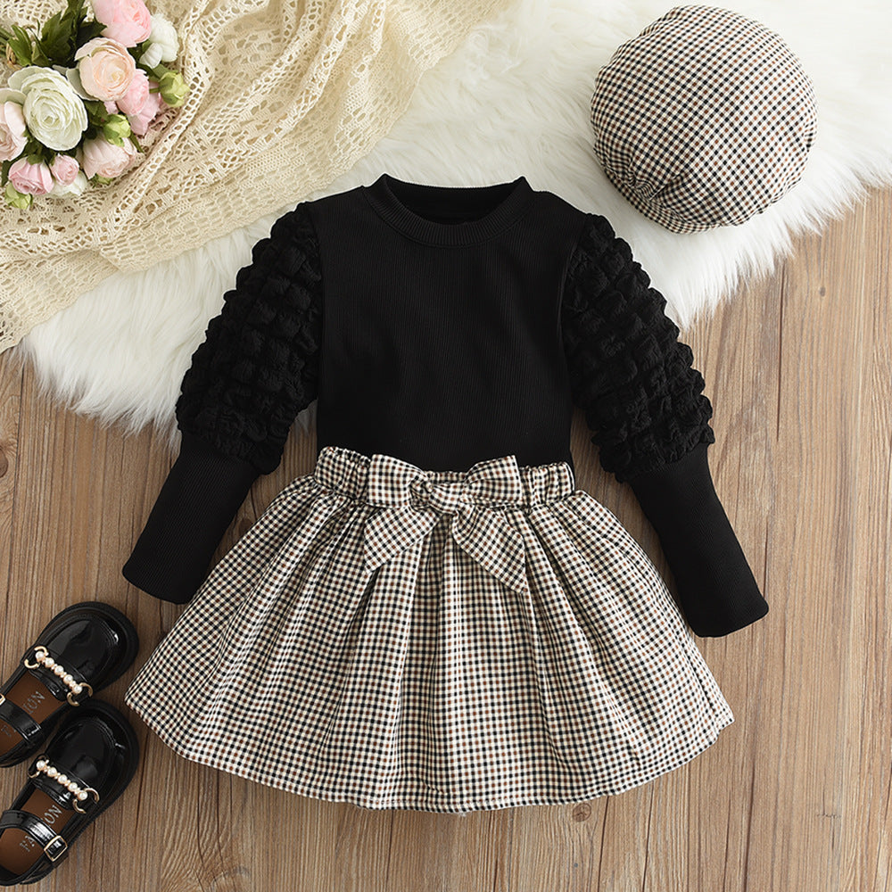 3 Pieces Set Kid Girls Solid Color Tops Checked Skirts And Hats Wholesale 240802200