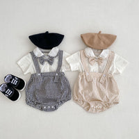 Load image into Gallery viewer, 2 Pieces Set Baby Girls Boys Solid Color Tops And Checked Rompers Wholesale 24080233
