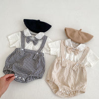 Load image into Gallery viewer, 2 Pieces Set Baby Girls Boys Solid Color Tops And Checked Rompers Wholesale 24080233
