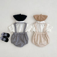 Load image into Gallery viewer, 2 Pieces Set Baby Girls Boys Solid Color Tops And Checked Rompers Wholesale 24080233
