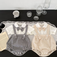 Load image into Gallery viewer, 2 Pieces Set Baby Girls Boys Solid Color Tops And Checked Rompers Wholesale 24080233
