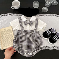 Load image into Gallery viewer, 2 Pieces Set Baby Girls Boys Solid Color Tops And Checked Rompers Wholesale 24080233
