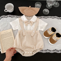 Load image into Gallery viewer, 2 Pieces Set Baby Girls Boys Solid Color Tops And Checked Rompers Wholesale 24080233
