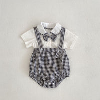 Load image into Gallery viewer, 2 Pieces Set Baby Girls Boys Solid Color Tops And Checked Rompers Wholesale 24080233
