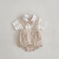 Load image into Gallery viewer, 2 Pieces Set Baby Girls Boys Solid Color Tops And Checked Rompers Wholesale 24080233

