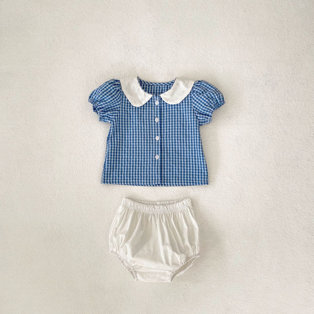 2 Pieces Set Baby Kid Girls Checked Tops And Solid Color Shorts Wholesale 24080287