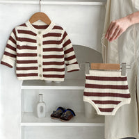 Load image into Gallery viewer, 2 Pieces Set Baby Kid Girls Autumn Winter Striped Cardigan And Shorts Wholesale 240913223
