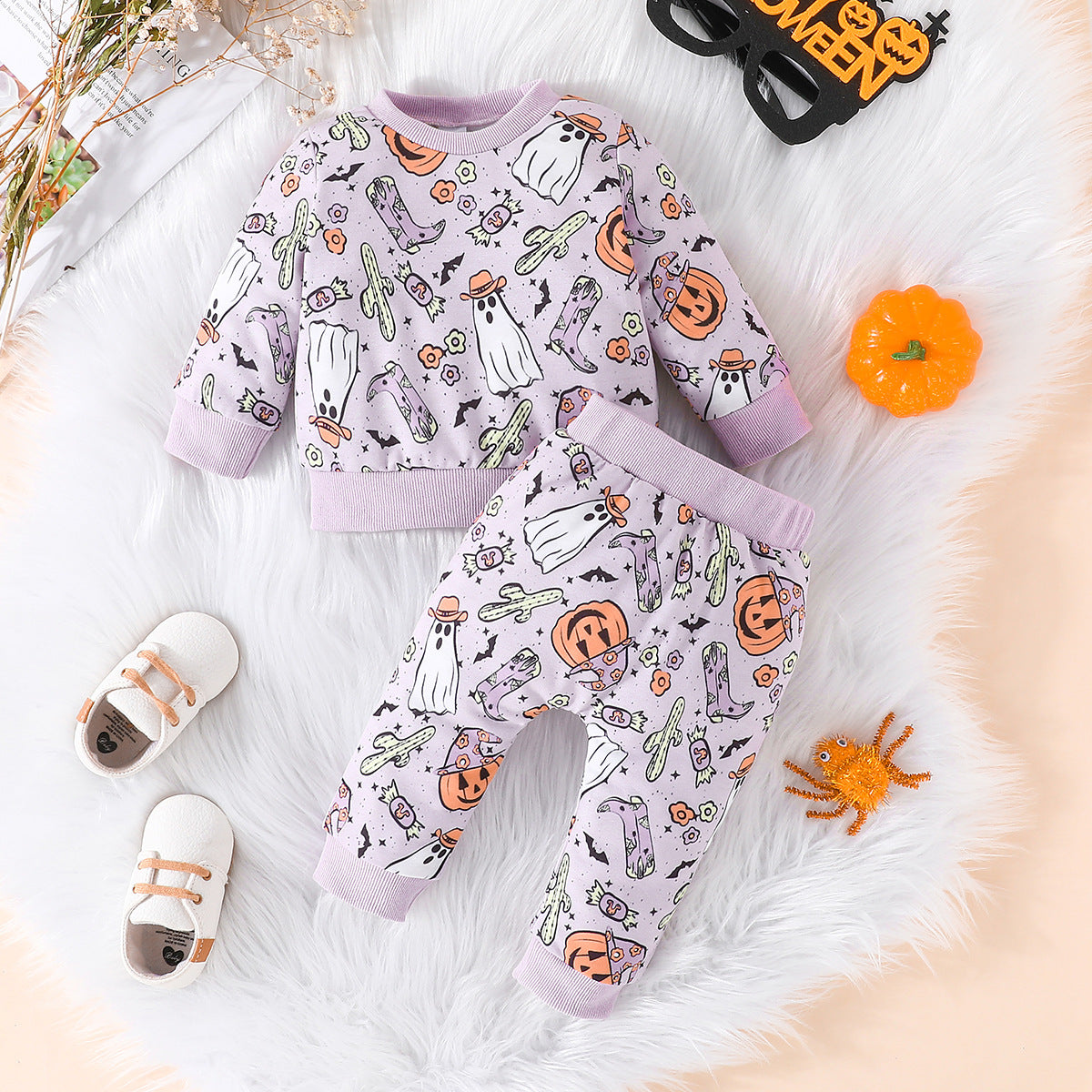 2 Pieces Set Baby Girls Halloween Cartoon Print Tops And Pants Wholesale 24092603