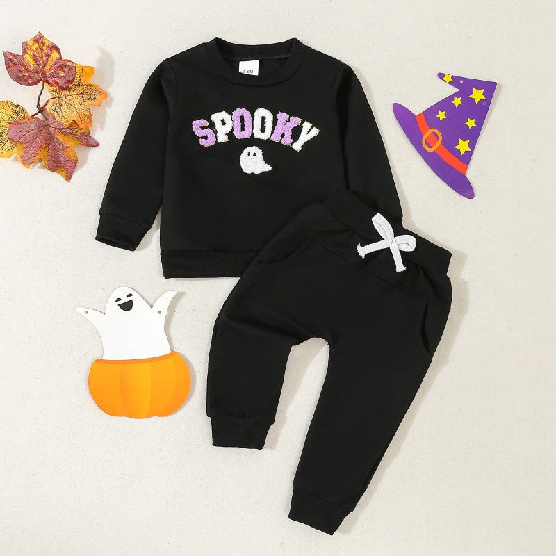 2 Pieces Set Baby Kid Boys Halloween Letters Tops And Solid Color Pants Wholesale 24092609