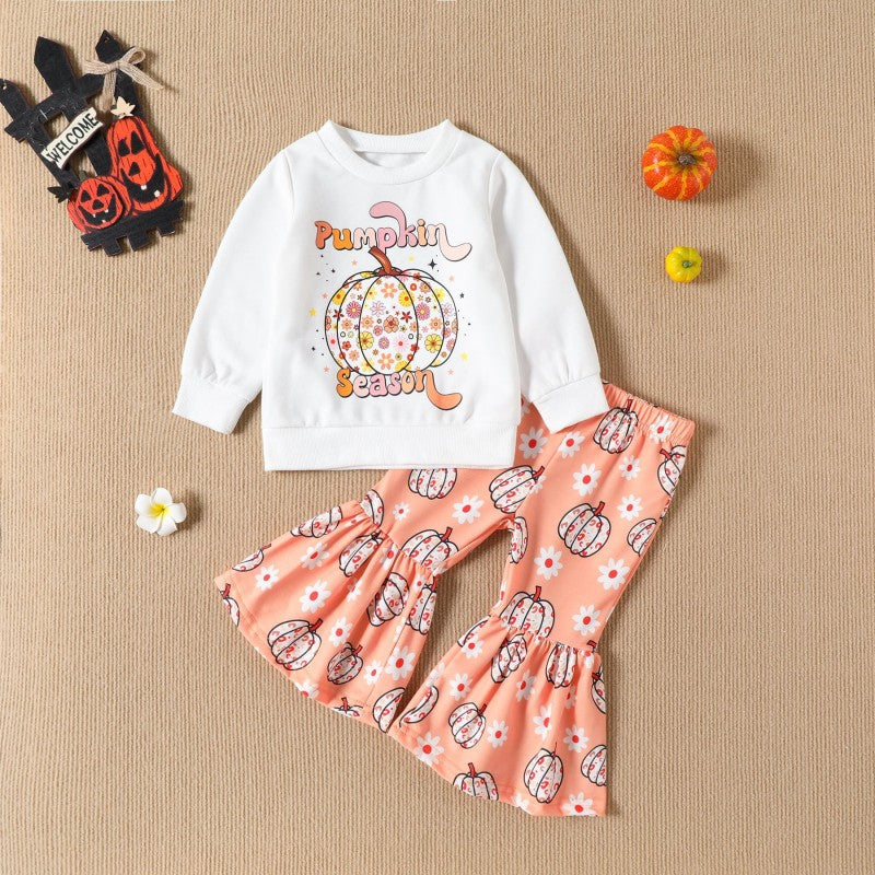 2 Pieces Set Baby Kid Girls Halloween Letters Flower Tops And Pants Wholesale 24092622