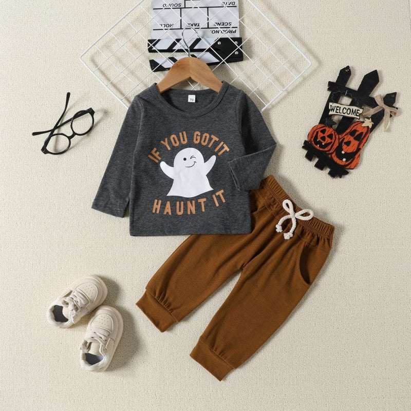 2 Pieces Set Baby Kid Boys Halloween Letters Tops And Solid Color Pants Wholesale 24092623