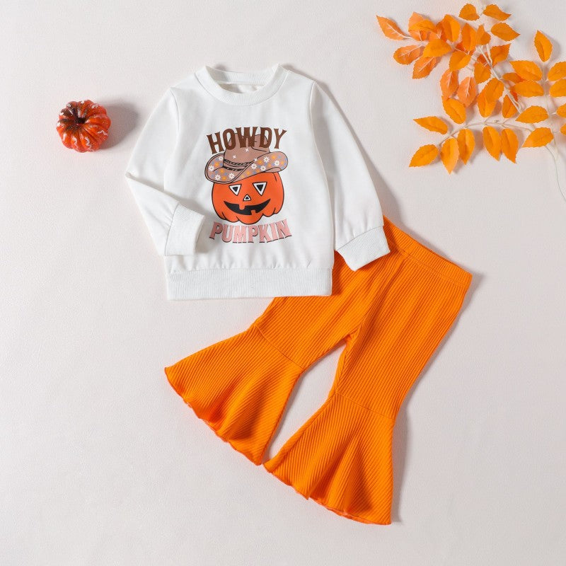 2 Pieces Set Baby Kid Girls Halloween Letters Tops And Solid Color Pants Wholesale 24092624