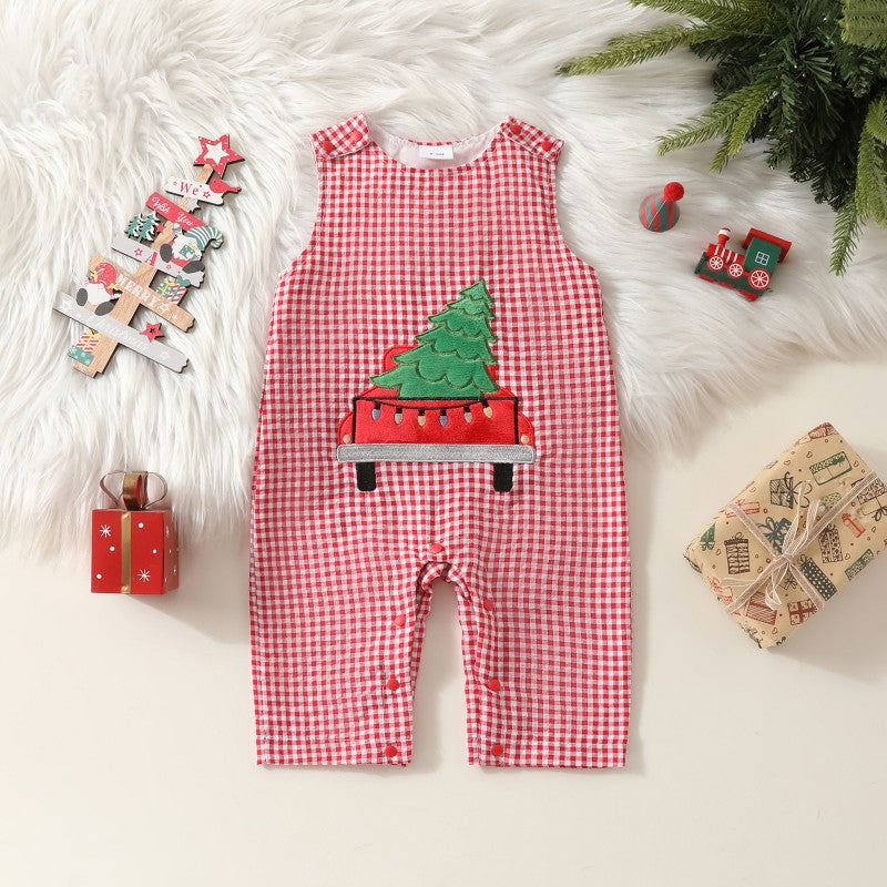 Baby Girls Checked Cartoon Christmas Jumpsuits Wholesale 24110102