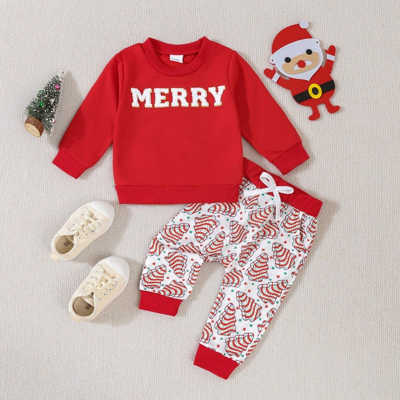 2 Pieces Set Baby Kid Girls Christmas Letters Embroidered Tops And Star Pants Wholesale 24110103