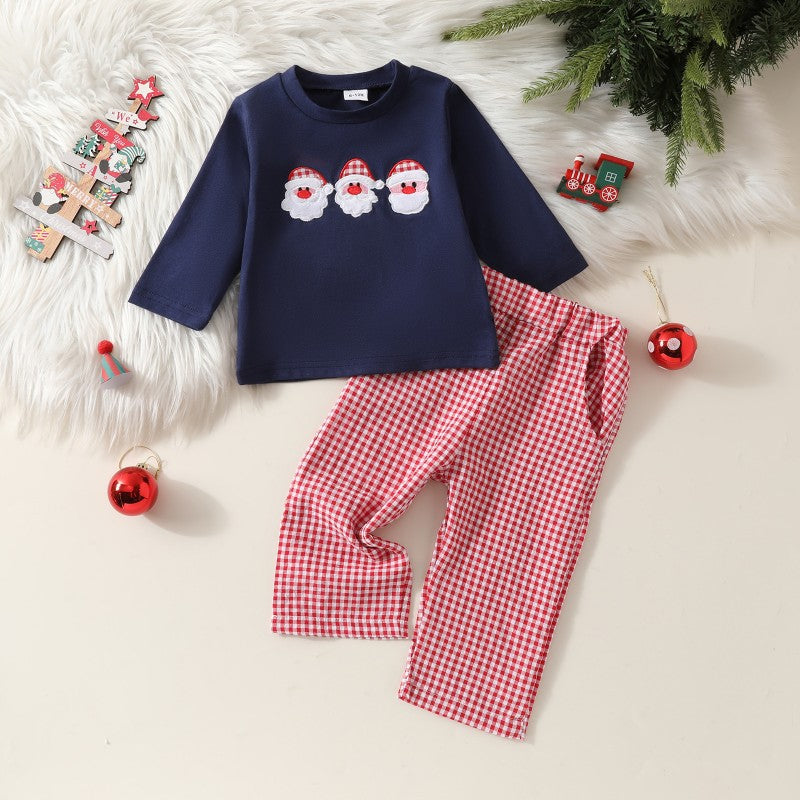 2 Pieces Set Baby Kid Girls Christmas Cartoon Tops And Checked Pants Wholesale 24110108