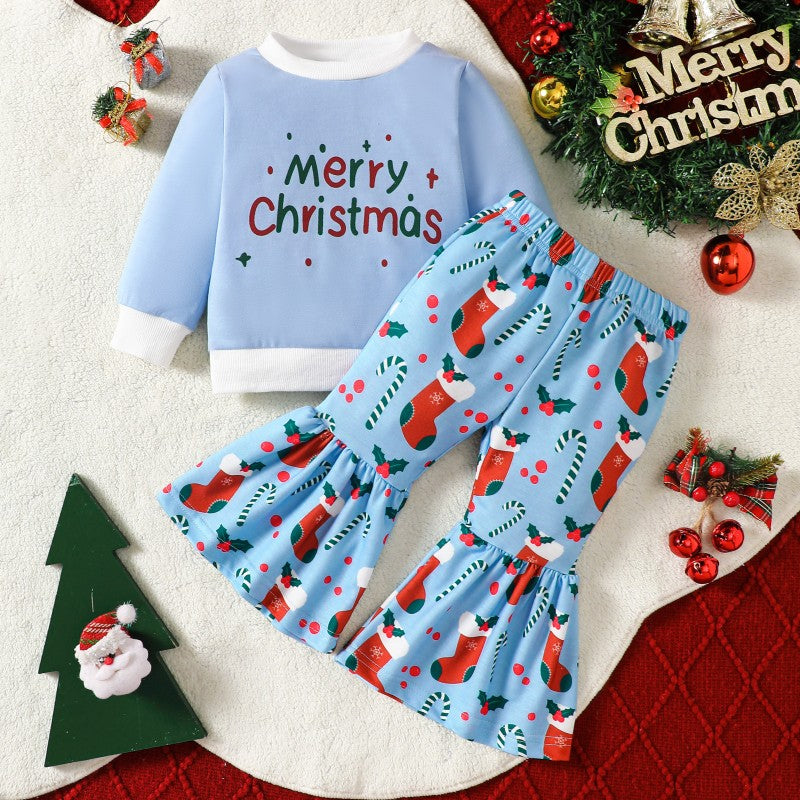 2 Pieces Set Baby Kid Girls Christmas Letters Print Tops And Pants Wholesale 24110111