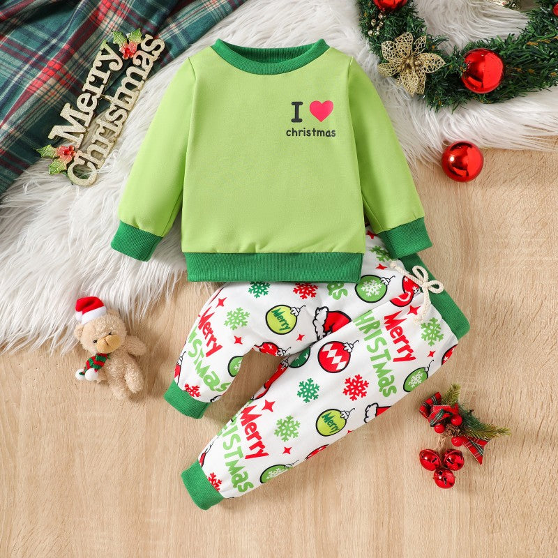 2 Pieces Set Baby Kid Girls Boys Christmas Letters Love heart Print Tops And Cartoon Pants Wholesale 24110113