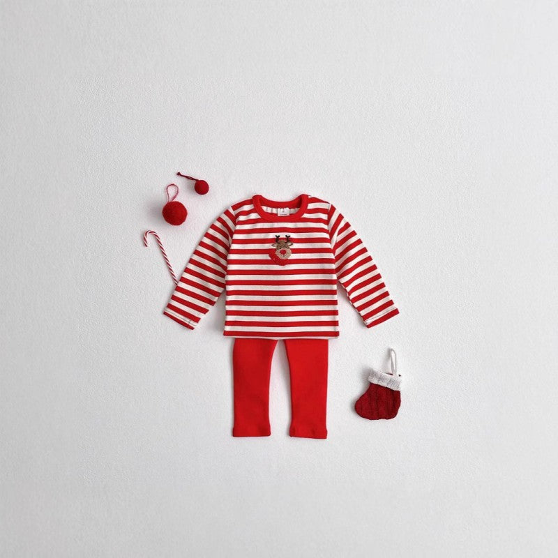 2 Pieces Set Baby Kid Girls Boys Christmas Striped Cartoon Tops And Solid Color Pants Wholesale 24110117