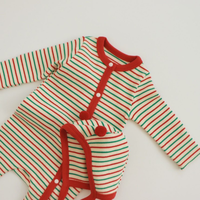 2 Pieces Set Baby Girls Boys Christmas Striped Color-blocking Jumpsuits And Hats Wholesale 24110118