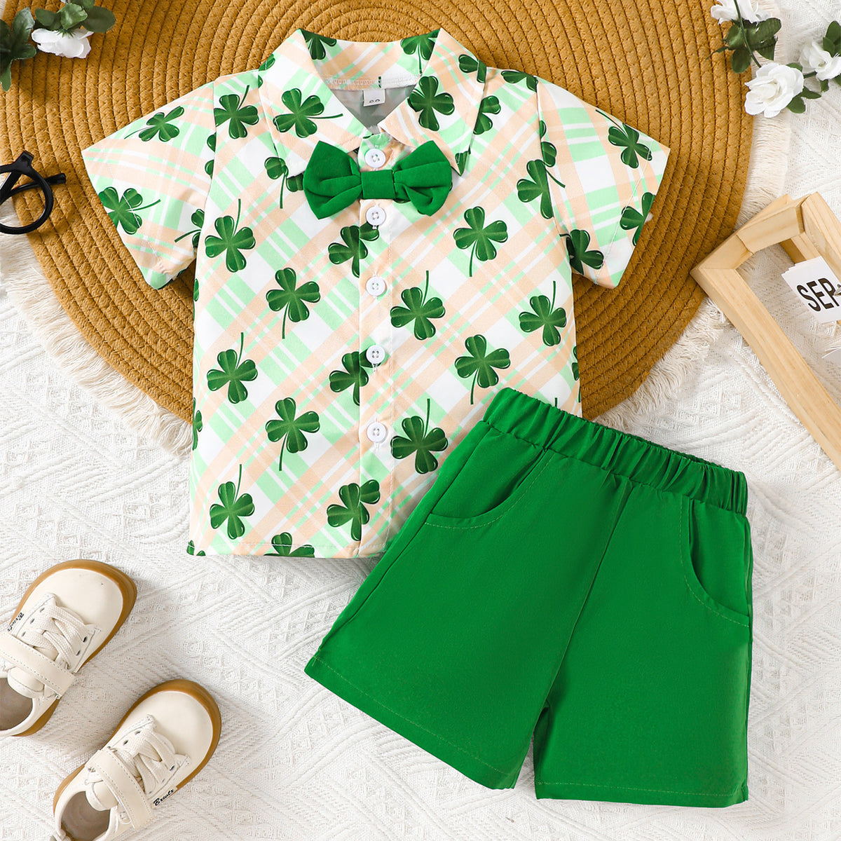 2 Pieces Set Baby Kid Boys St Patrick's Day Plant Print Shirts And Solid Color Shorts Wholesale 25010705