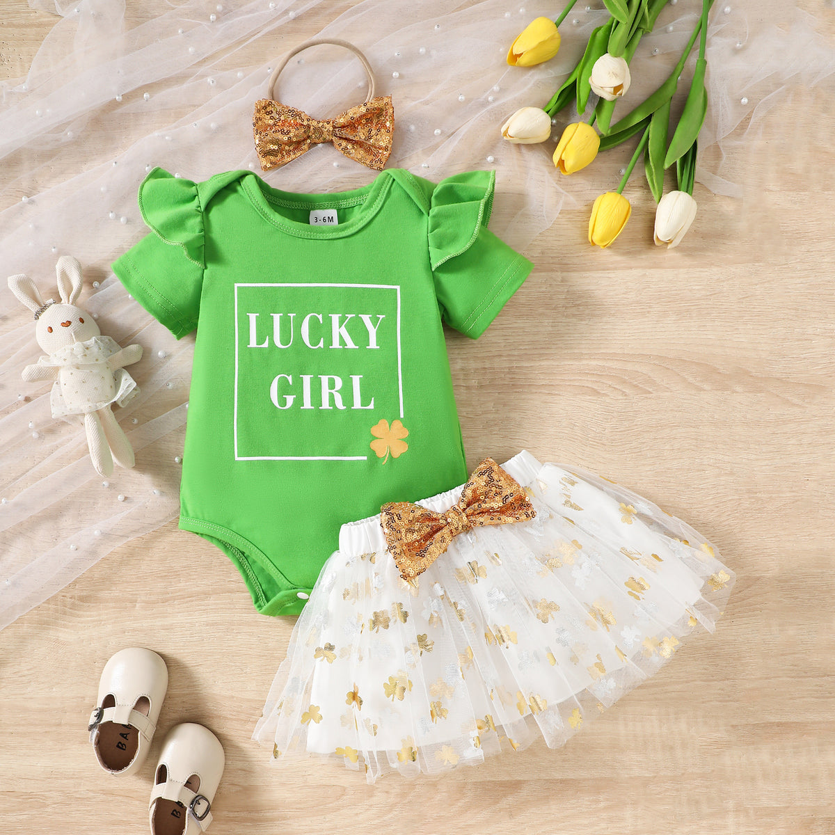 2 Pieces Set Baby Girls St Patrick's Day Letters Print Rompers And Plant Skirts Wholesale 25010707