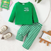 Load image into Gallery viewer, 2 Pieces Set Baby Kid Girls Boys St Patrick&#39;s Day Solid Color Plant Tops And Checked Pants Wholesale 25010709
