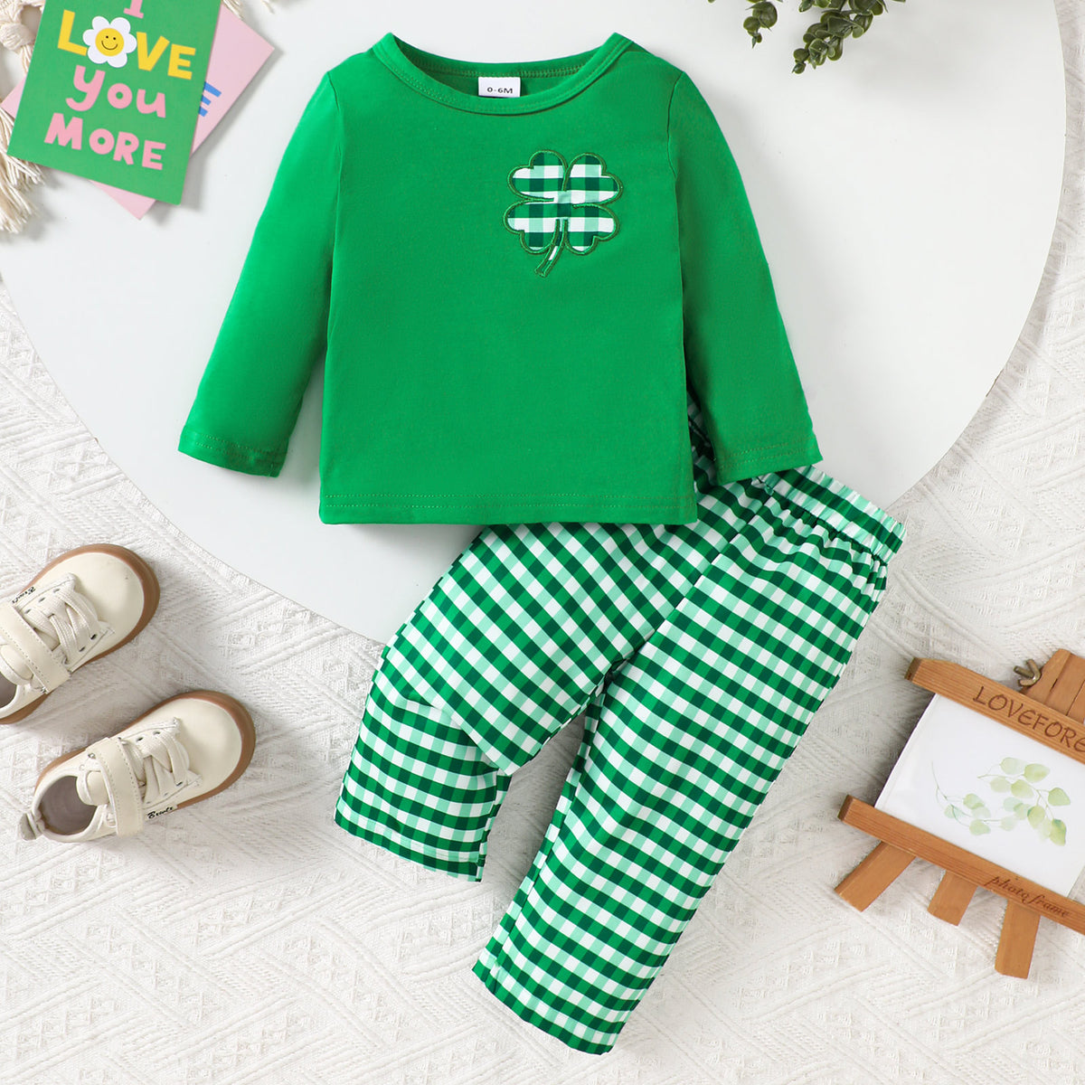 2 Pieces Set Baby Kid Girls Boys St Patrick's Day Solid Color Plant Tops And Checked Pants Wholesale 25010709