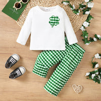 Load image into Gallery viewer, 2 Pieces Set Baby Kid Girls Boys St Patrick&#39;s Day Solid Color Plant Tops And Checked Pants Wholesale 25010709
