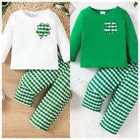 Load image into Gallery viewer, 2 Pieces Set Baby Kid Girls Boys St Patrick&#39;s Day Solid Color Plant Tops And Checked Pants Wholesale 25010709
