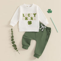 Load image into Gallery viewer, 2 Pieces Set Baby Kid Girls Boys St Patrick&#39;s Day Letters Embroidered Tops And Solid Color Pants Wholesale 25010716
