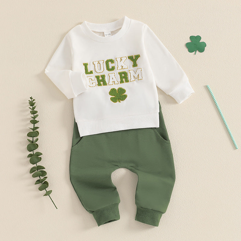 2 Pieces Set Baby Kid Girls Boys St Patrick's Day Letters Embroidered Tops And Solid Color Pants Wholesale 25010716