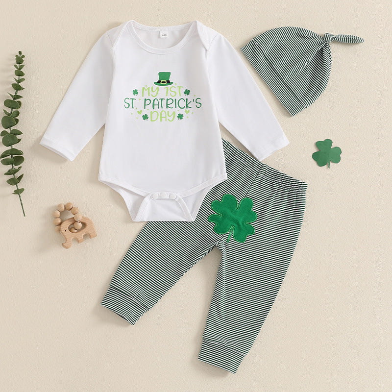 3 Pieces Set Baby Girls Boys St Patrick's Day Letters Rompers Striped Pants And Hats Wholesale 25010719