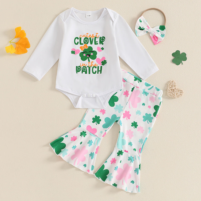 2 Pieces Set Baby Girls St Patrick's Day Letters Rompers Plant And Bow Pants Wholesale 25010721