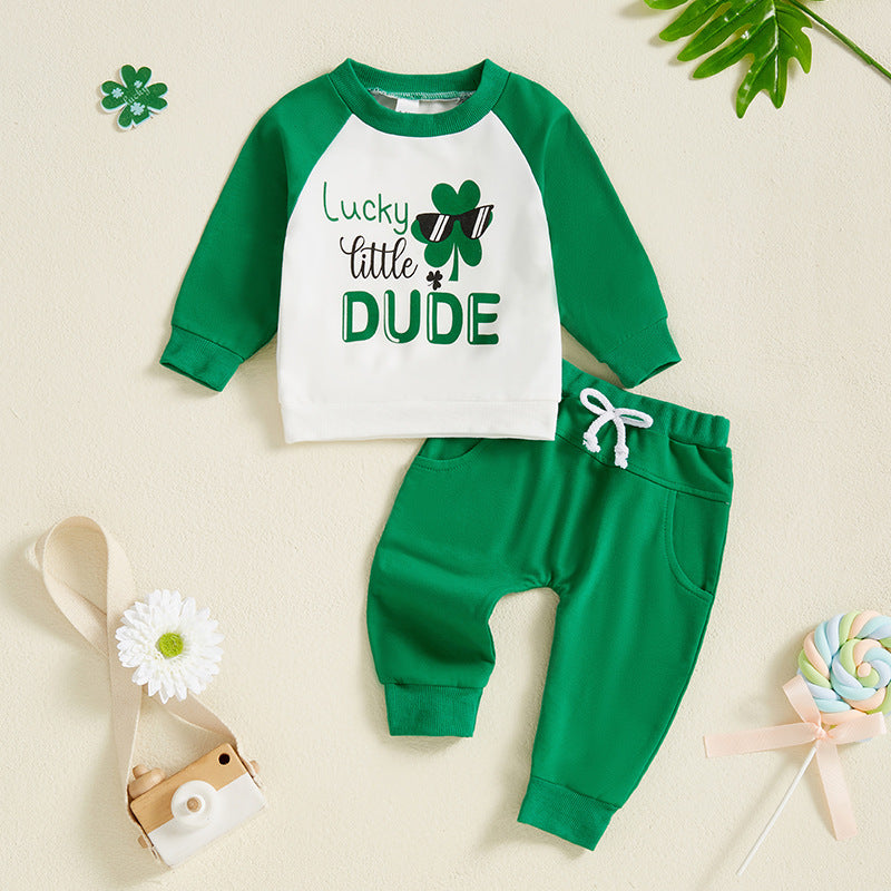 2 Pieces Set Baby Kid Girls Boys St Patrick's Day Letters Tops And Solid Color Pants Wholesale 25010736