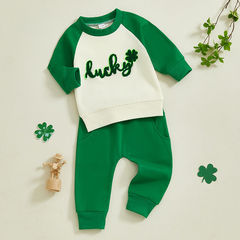 2 Pieces Set Baby Kid Girls Boys St Patrick's Day Letters Tops And Solid Color Pants Wholesale 25010744