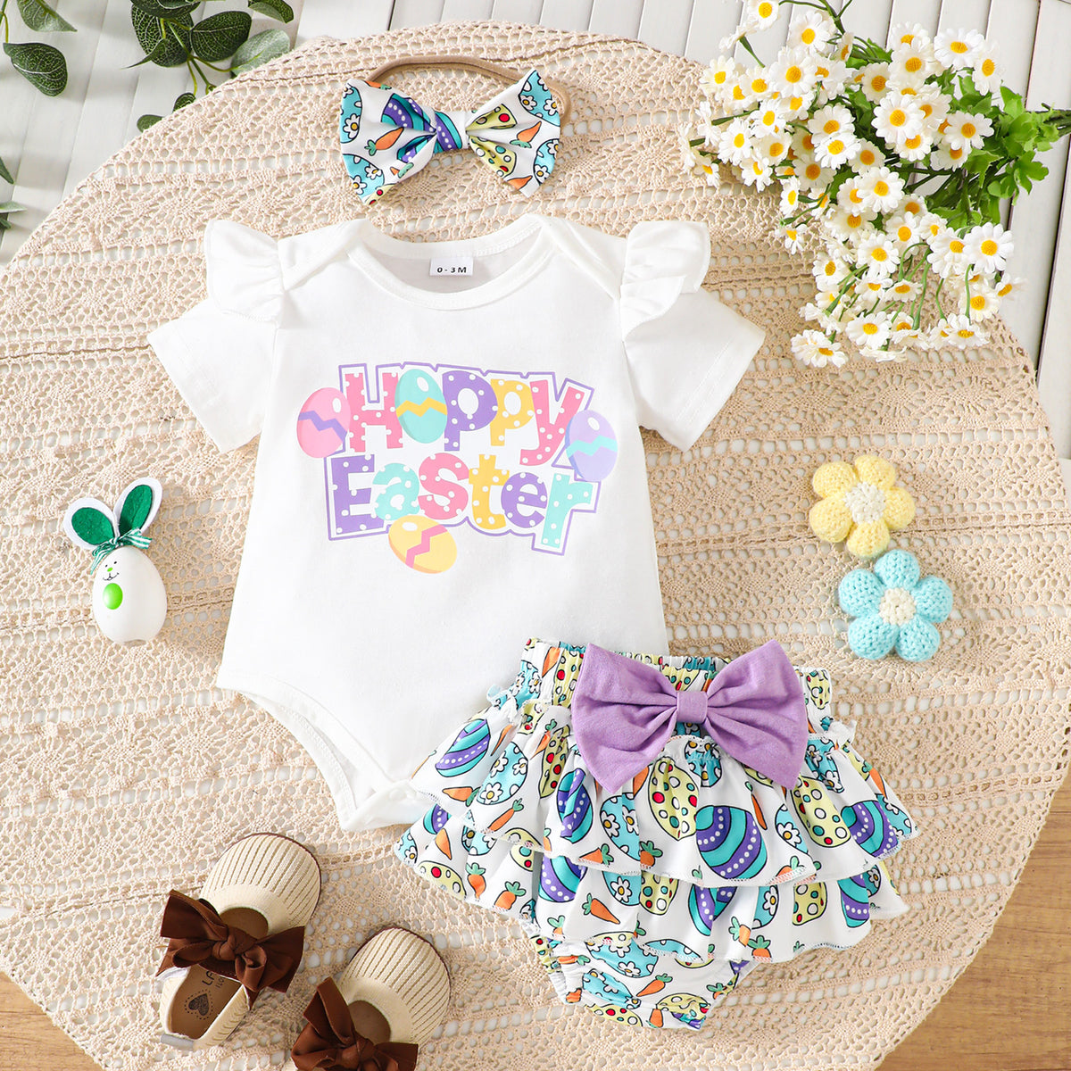 2 Pieces Set Baby Girls Easter Letters Print Rompers And Cartoon Shorts Wholesale 25021002