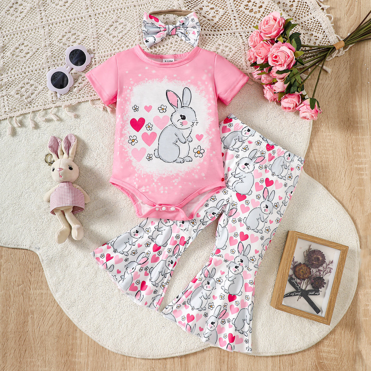 2 Pieces Set Baby Girls Easter Animals Print Rompers And Love heart Pants Wholesale 25021006