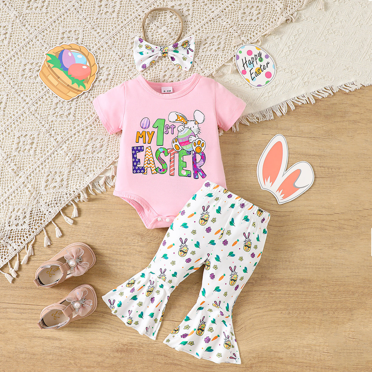 2 Pieces Set Baby Girls Easter Letters Rompers Animals And Cartoon Pants Wholesale 25021014