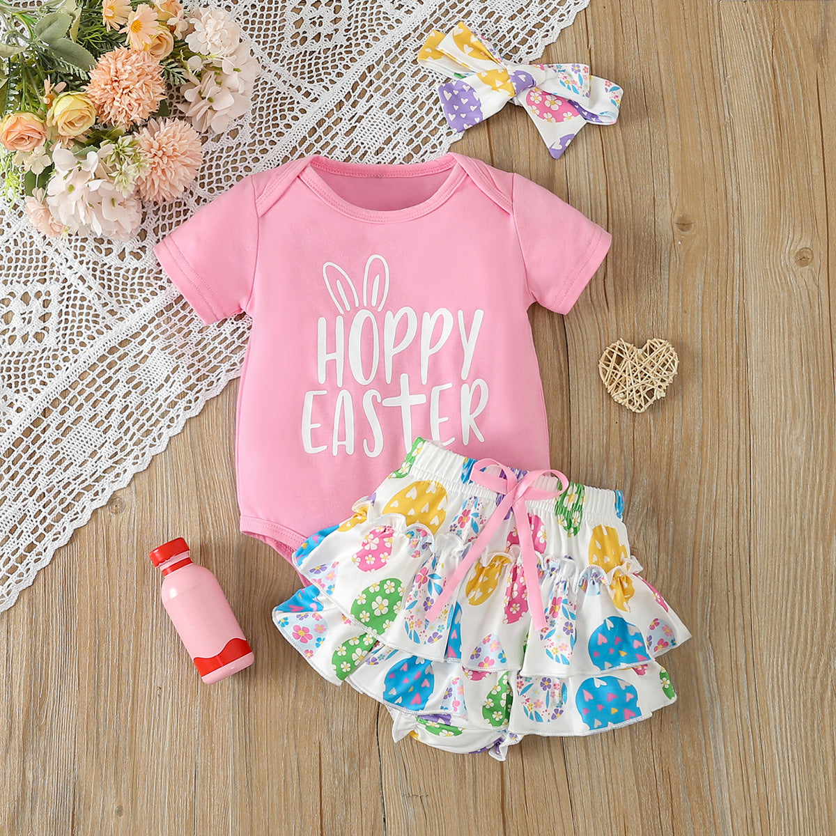 2 Pieces Set Baby Girls Easter Letters T-Shirts Flower And Love heart Shorts Wholesale 25021020