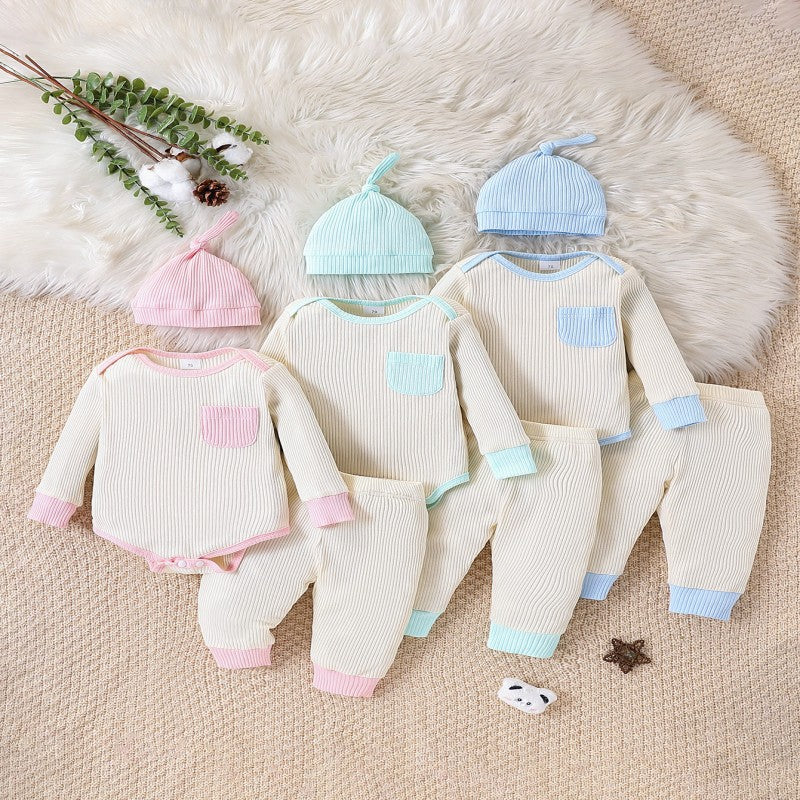 2 Pieces Set Baby Girls Boys Color-blocking Muslin&Ribbed Rompers And Pants Wholesale 25021043