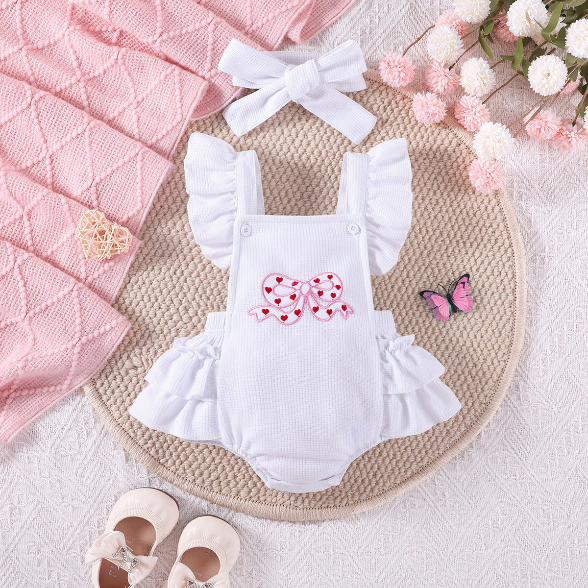 Baby Girls Love heart Bow Embroidered Valentine's Day Rompers Wholesale 25021045